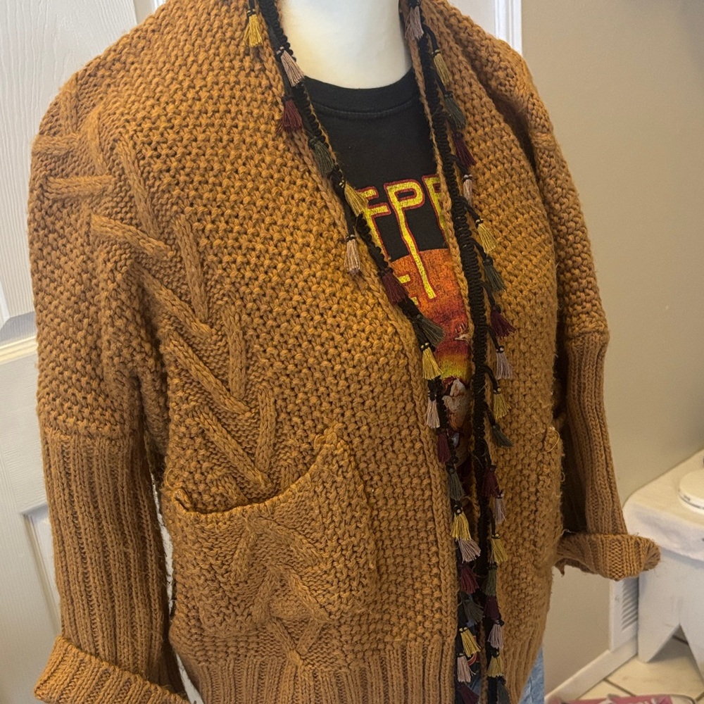 Women’s Brown Sweater with Cable Knit Design and tassels